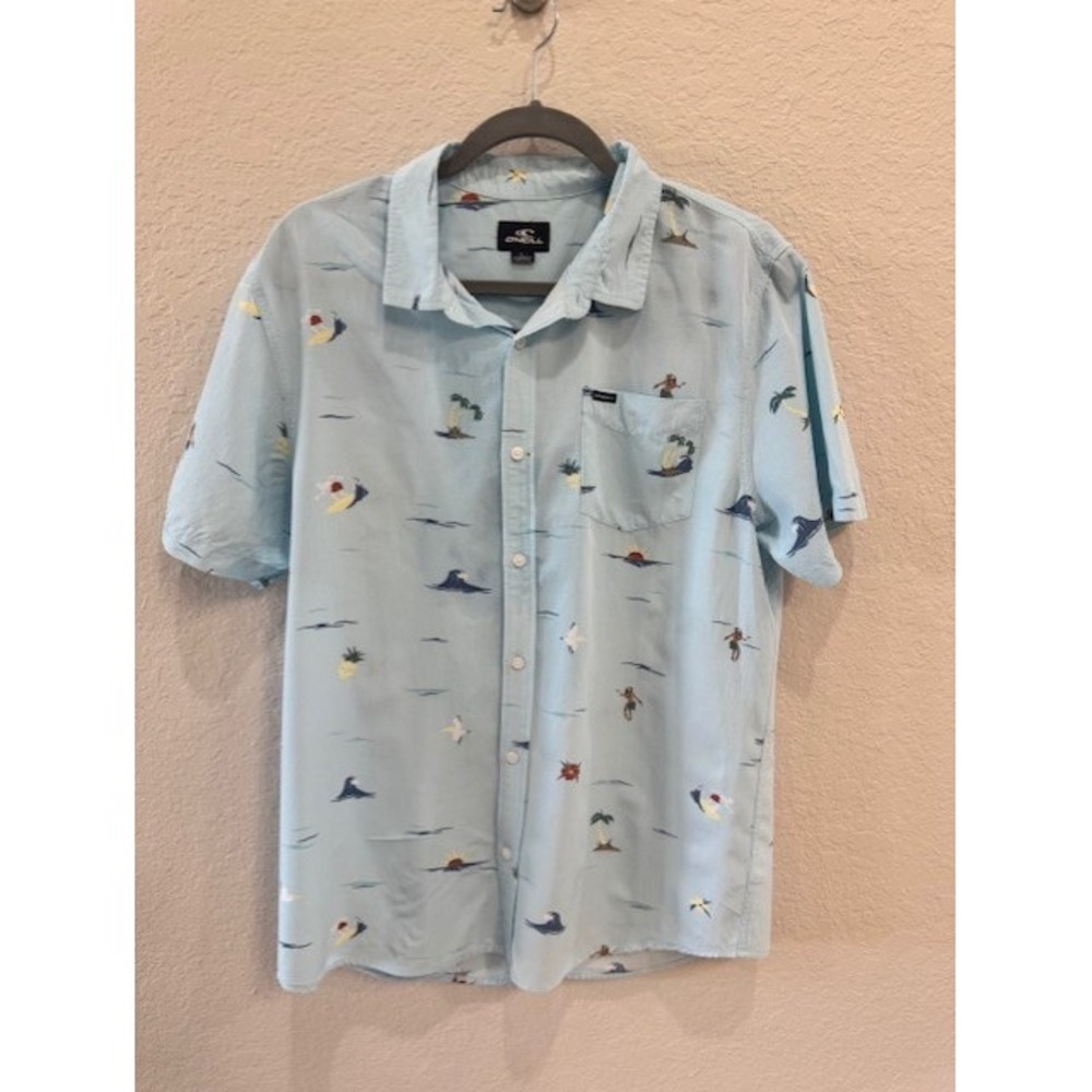O'Neill Men's Large Short Sleeve Button Up Shirt Surf Print Blue Casual.